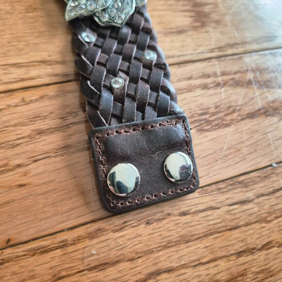 Leather Braided Cuff Bracelet w/ Rhinestone Flower - Picture 6 of 10